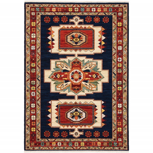 7inches x 10inches Blue Red Machine Woven Medallions Indoor Area Rug