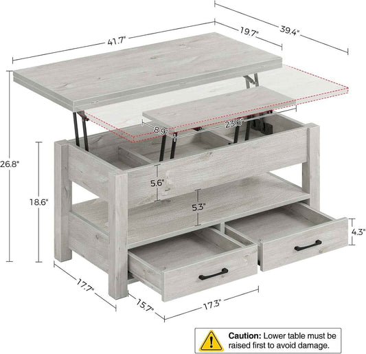 Grey Lift Top Coffee Table With Drawers Hidden Compartment