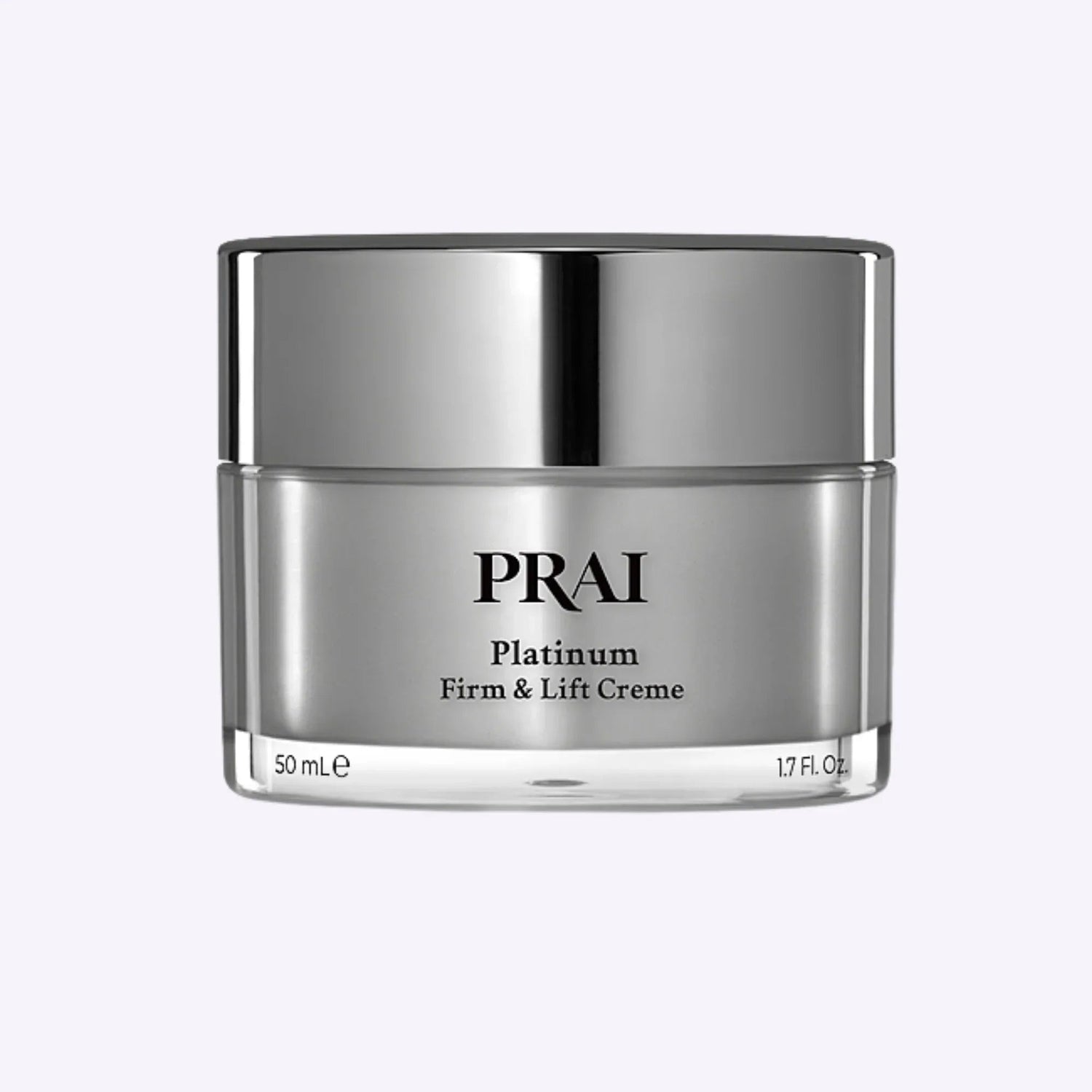 Jar of PRAI Beauty Platinum Firm & Lift Creme with silver and purple packaging