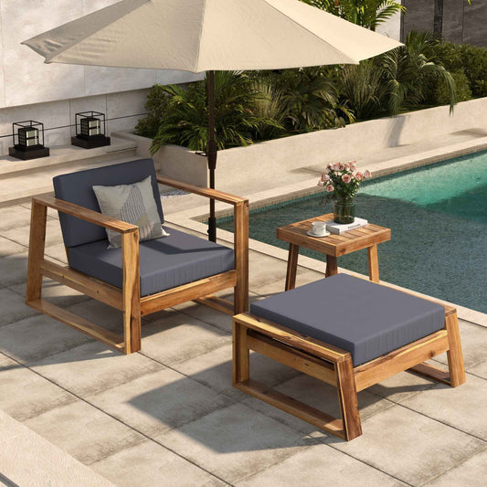 Acacia Wood Outdoor Lounge Set - Chair & Ottoman, Perfect for Patios,