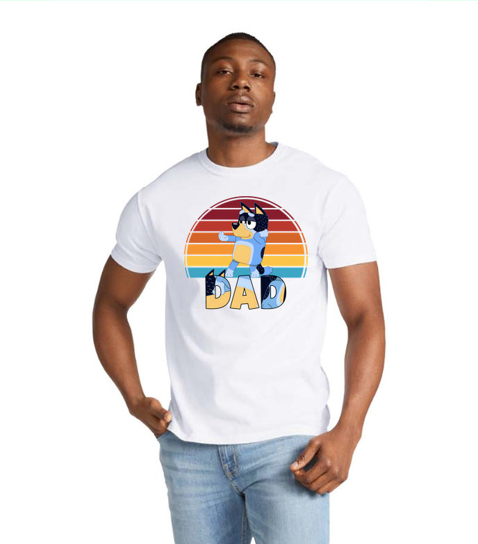 Artwork reference on a sample garment; selected model, color and print placement may differ · Dad Sunset Stripes | Tee, Sweatshirt & Hoodie