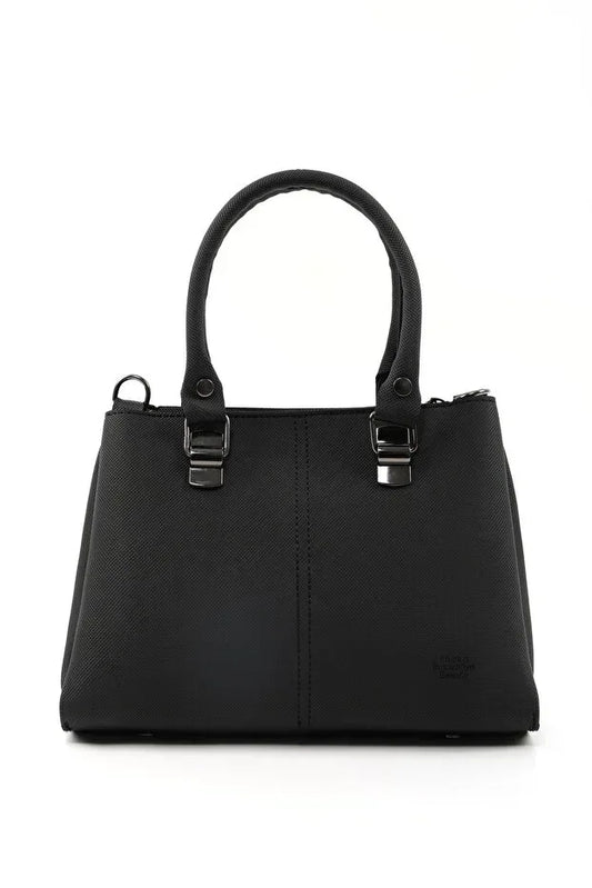 Black Faux Leather Zippered Handbag with 3 Compartments Adjustable Bag