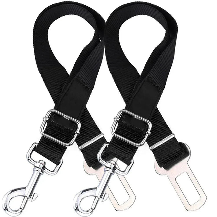Two adjustable black dog seatbelt connectors with metal clips, designed to secure pets in car seats.