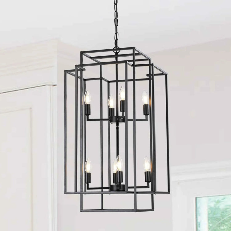 8-Lights Black Lantern Tiered Pendant Light Fixtures, Industrial