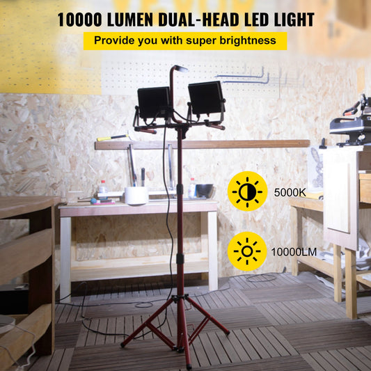 Rechargeable LED Tripod Work Light — Dual-Head, Up to 10000LM