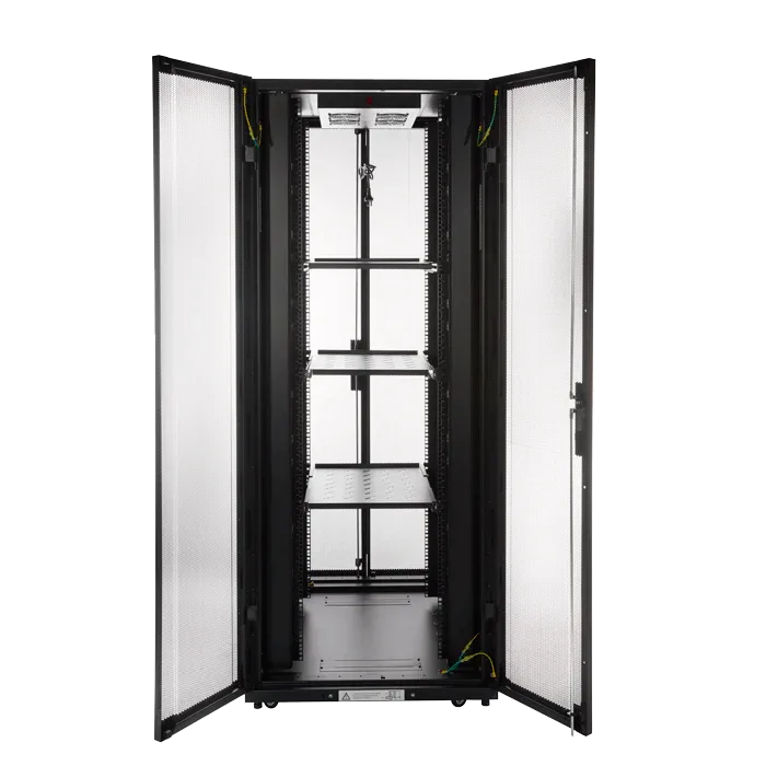 Full height 45RU server rack with bi-fold mesh doors, 800mm wide and 1000mm deep, freestanding steel frame