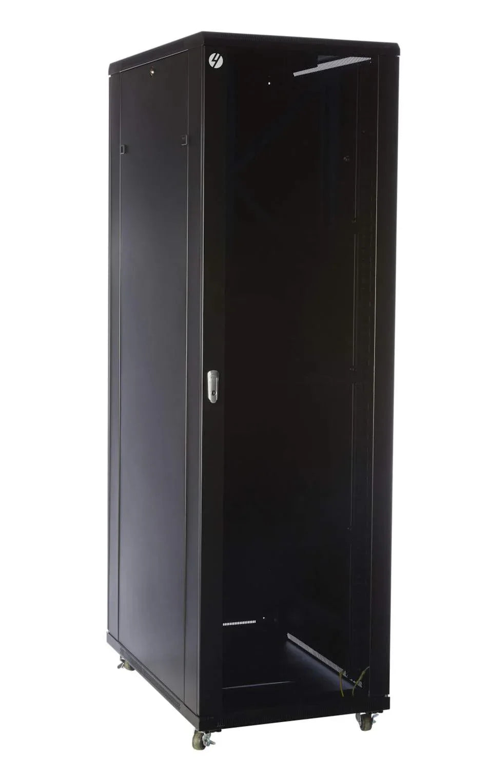 Freestanding 42RU server rack with lockable tempered glass front door and steel side panels in a data center setting.