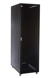 Freestanding 42RU server rack with lockable tempered glass front door and steel side panels in a data center setting.