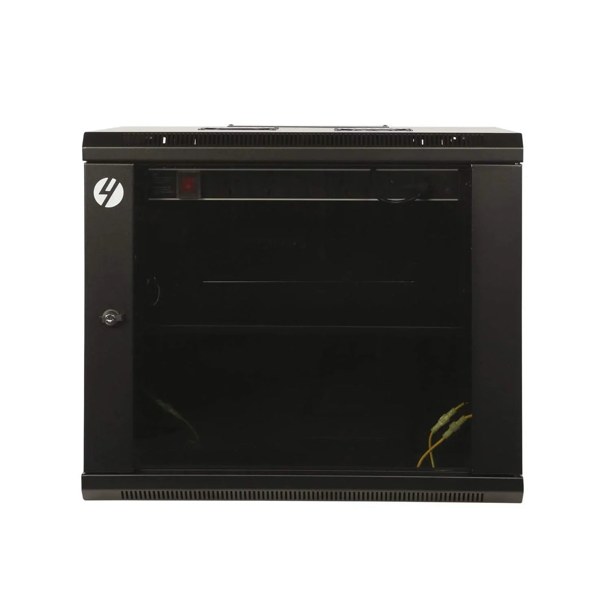 Wall mounted 9RU server rack cabinet in black, showing glass front door and lock for secure network equipment storage