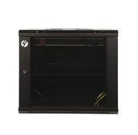 Wall mounted 9RU server rack cabinet in black, showing glass front door and lock for secure network equipment storage
