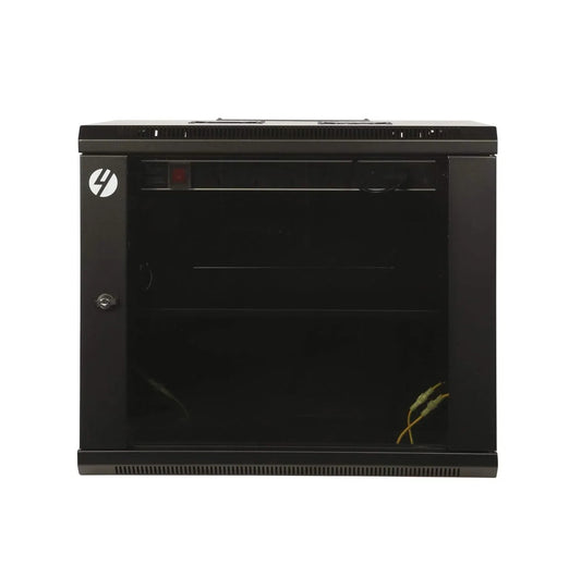 Wall mounted 9RU server rack cabinet in black, showing glass front door and lock for secure network equipment storage