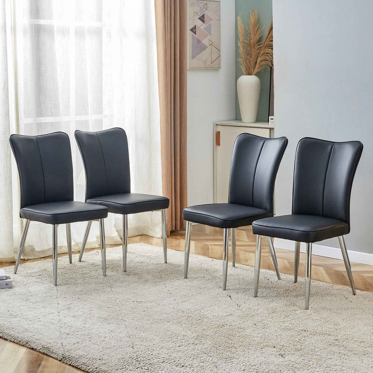 Close-up of black PU leather curved backrest and cushioned seat on modern dining chair