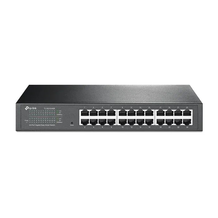 Front view of TP-Link 24-port Gigabit Ethernet switch showing multiple RJ45 ports and LED indicators