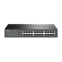 Front view of TP-Link 24-port Gigabit Ethernet switch showing multiple RJ45 ports and LED indicators