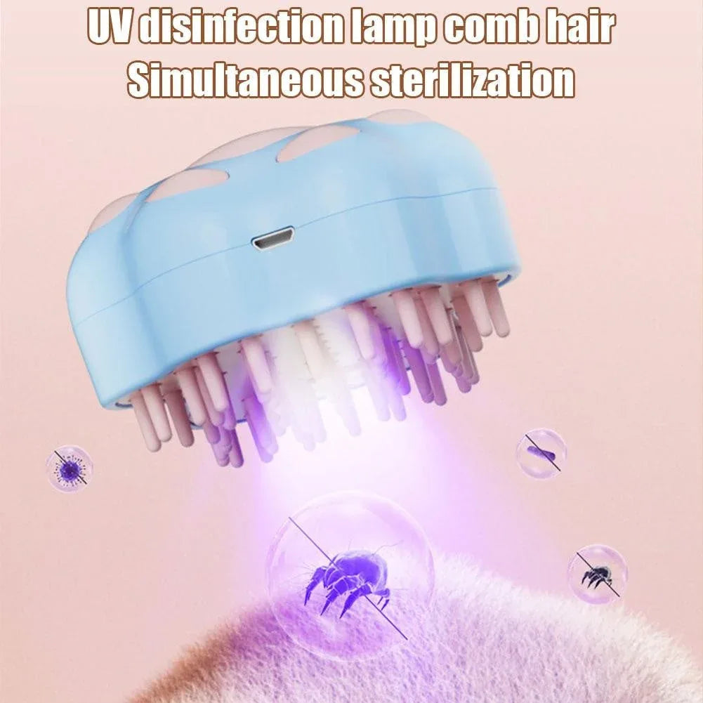 Pet spray comb for cats and dogs placed next to a friendly white cat smiley.