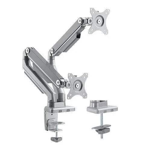 Dual monitor arm with mechanical spring and sleek black design mounted on a desk holding two monitors.