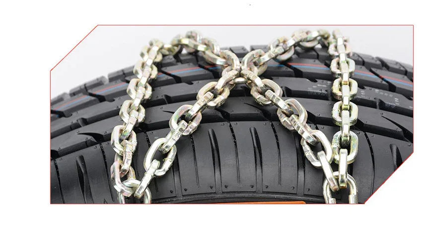 Side angle showing robust tire chain links designed for pressure and wear resistance.