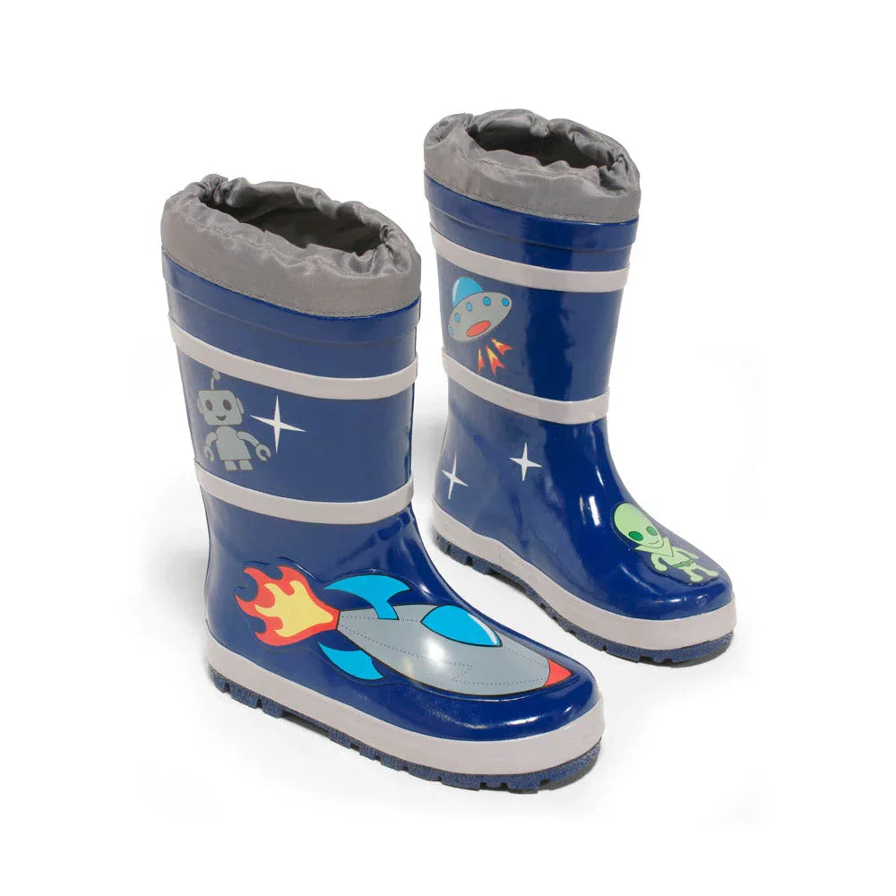 Child's space-themed rain boots with colorful aliens, rockets, and robots on sides.