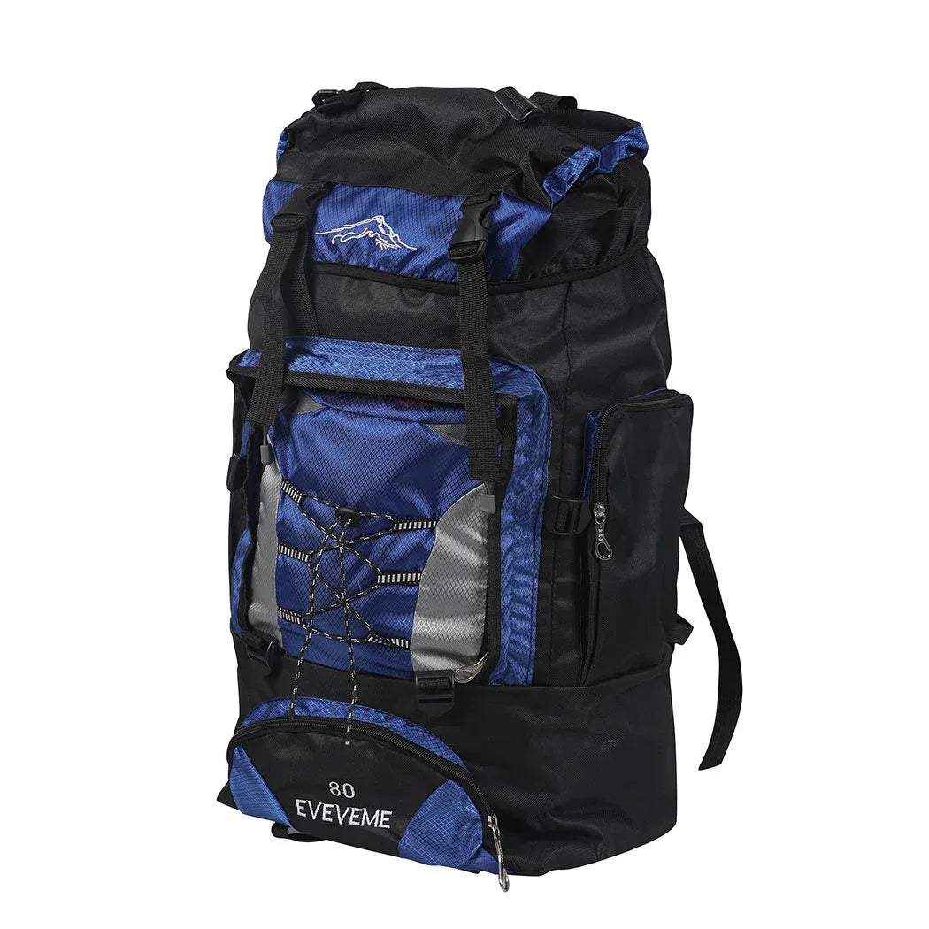 Front view of black 80L military tactical backpack with multiple compartments and straps.