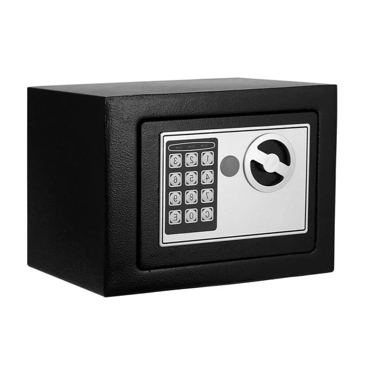 Closed electronic safe with digital keypad on front, placed on neutral background.