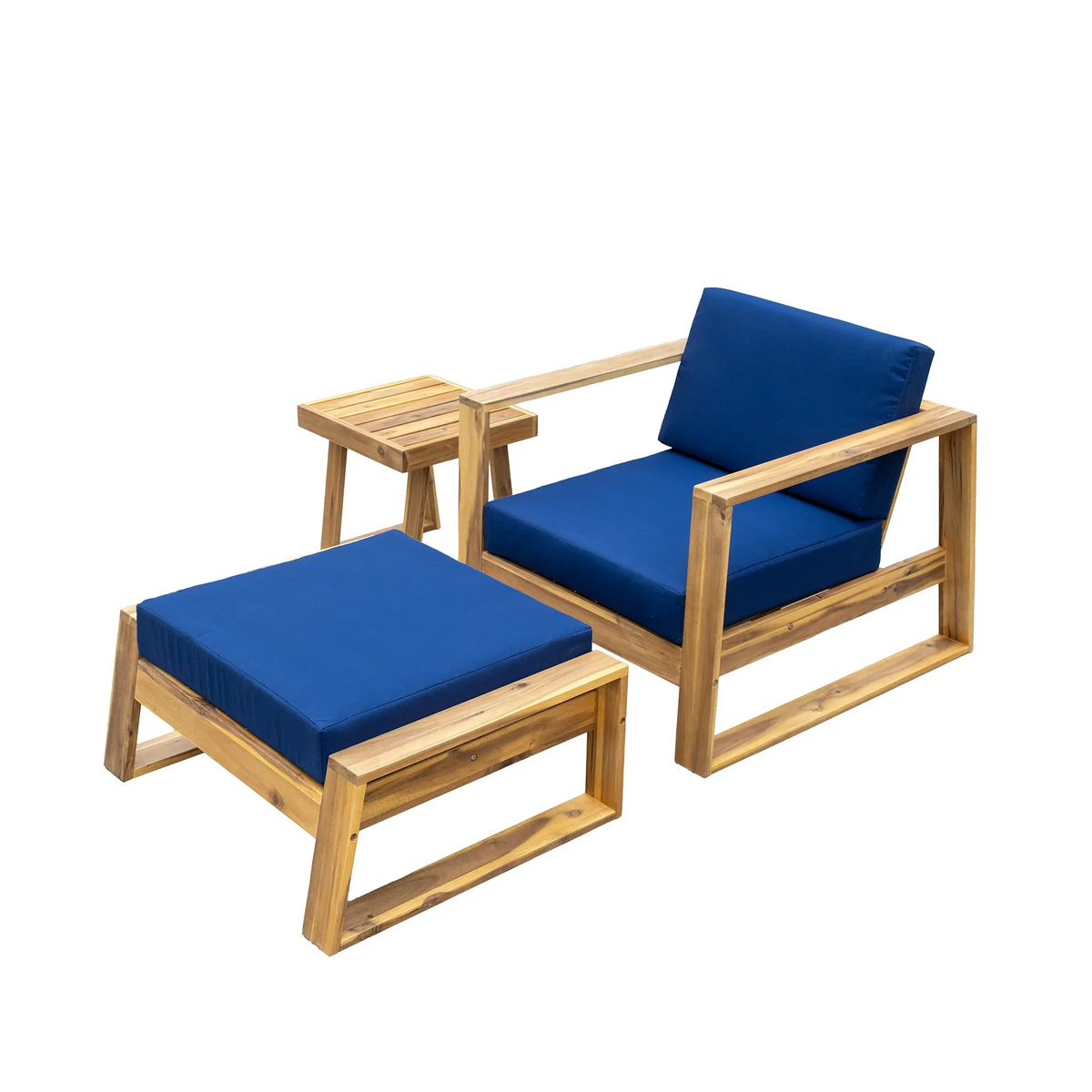 Top view of wooden chair and ottoman highlighting blue cushions and natural acacia wood
