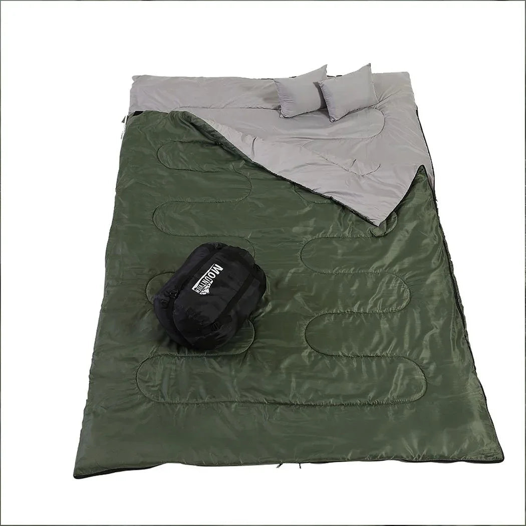 Sleeping bag fully open and laid flat, showing size and blue outer shell with gray interior lining