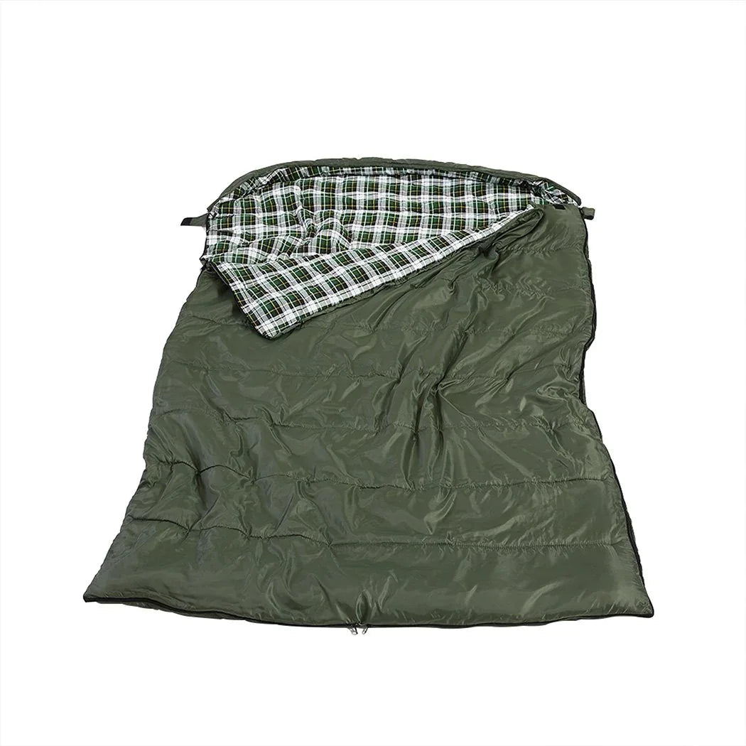 Double sleeping bag unzipped into two individual sleeping bags side by side.
