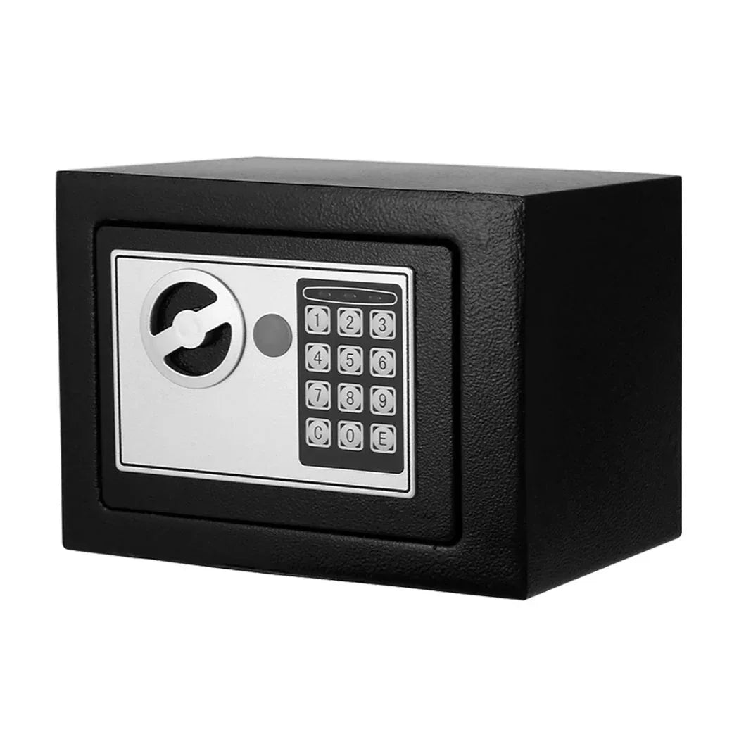 Electronic safe showing keypad featuring numeric buttons for password entry.