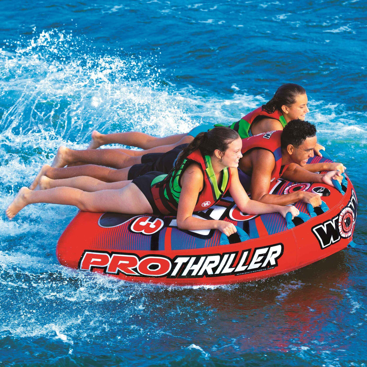 Top view of WOW Watersports Super Thriller Pro Series Towable showing handles and durable nylon cover
