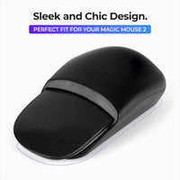 Side angle of white Magic Mouse 2 Grip docked on Apple Magic Mouse emphasizing arch support.