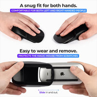 Hand holding Apple Magic Mouse with white Ascrono grip attached for improved comfort.