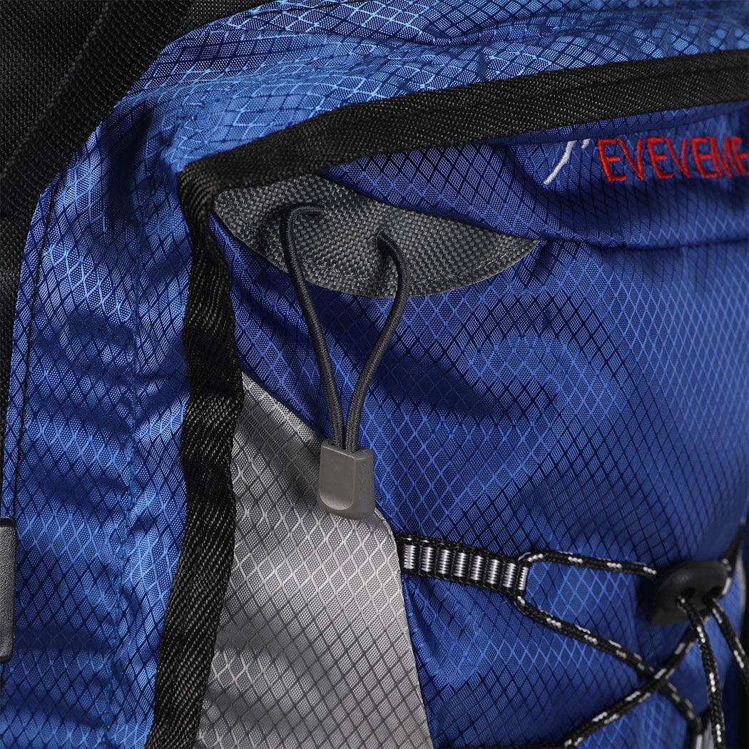 Close-up of zipper details and compression straps on tactical camping backpack.