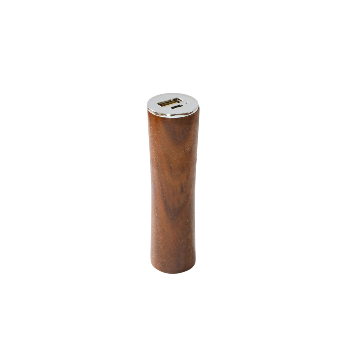Round tube power bank charger with walnut wood finish on a white surface