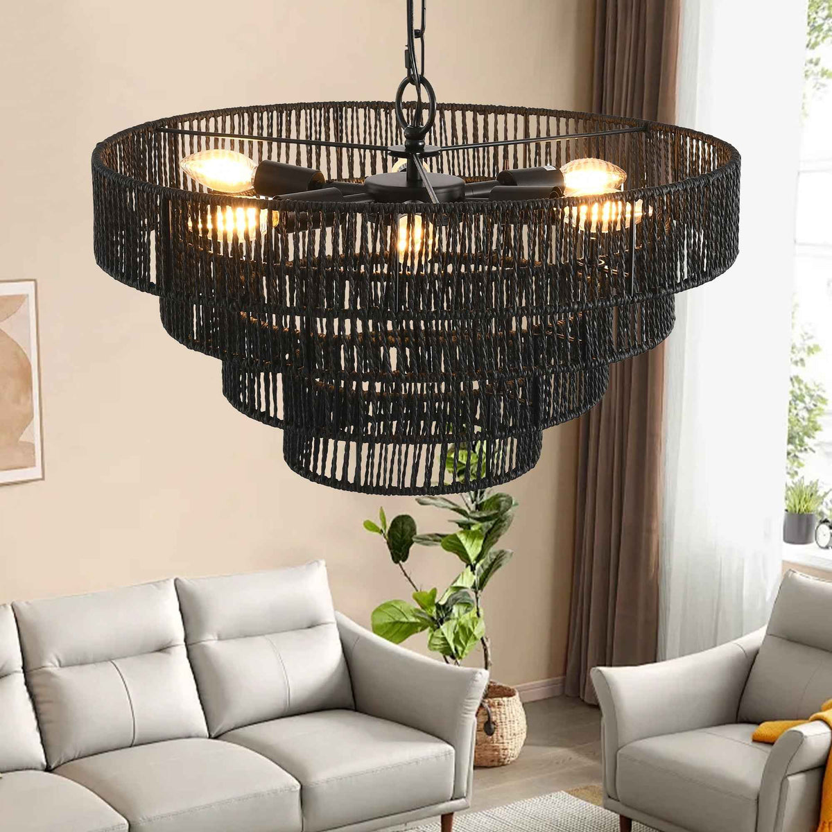 Rustic 4-Tier Black Hemp Rope Chandelier with 6 E12 Sockets, UL Listed
