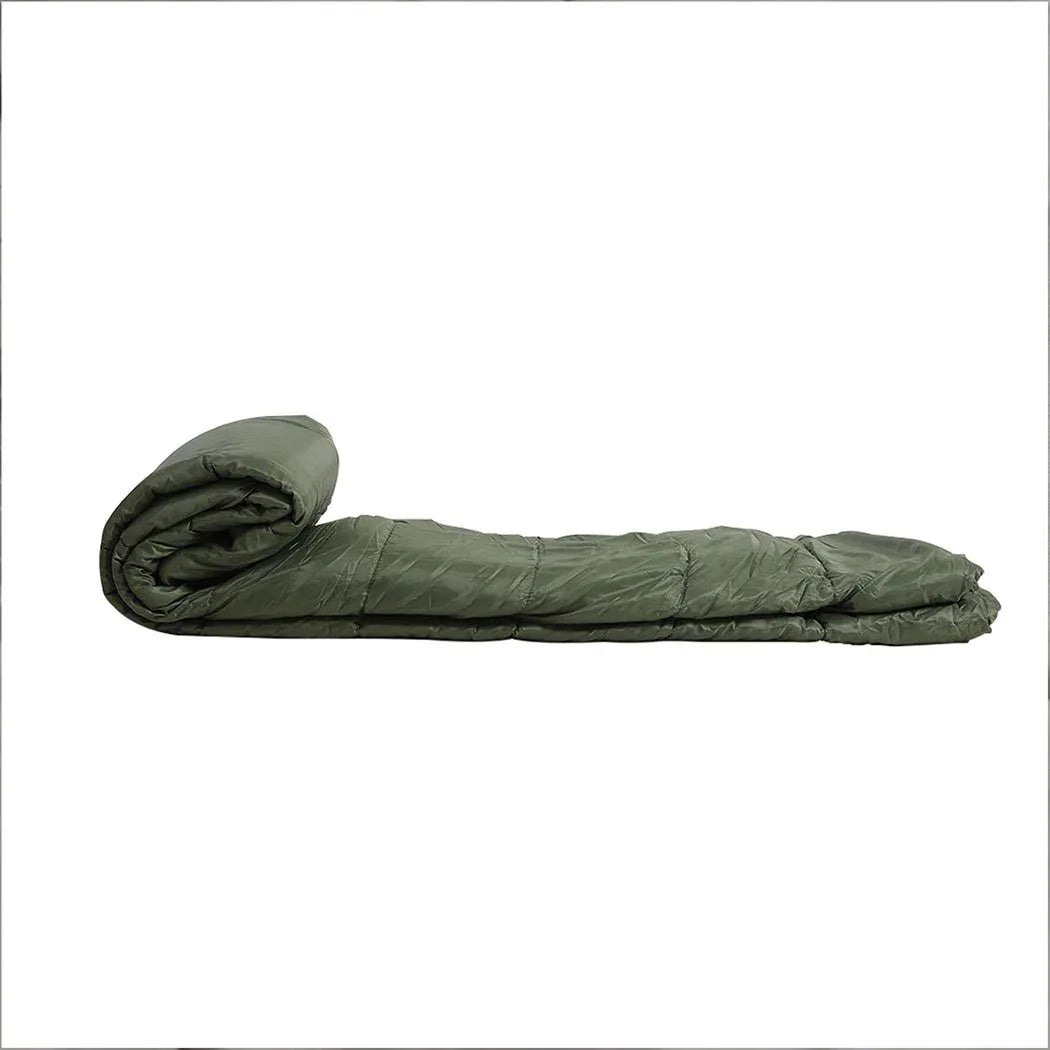 Sleeping bag split into two separate individual bags with zippers visible