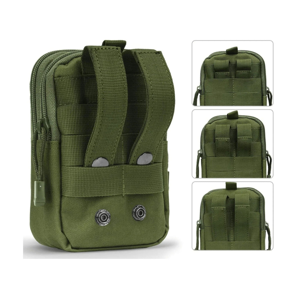 Black tactical MOLLE waist bag with multiple compartments and straps visible.