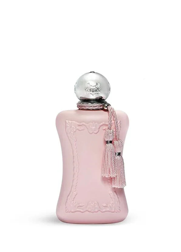 Clear view of the Parfums de Marly Delina Eau de Parfum bottle with detailed floral engraving on glass.