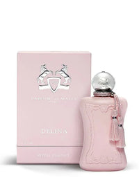 Front view of Parfums de Marly Delina Royal Essence Eau de Parfum bottle with soft pink liquid inside.