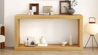 Side view of minimalist entrance table showing slim legs and natural wood surface.