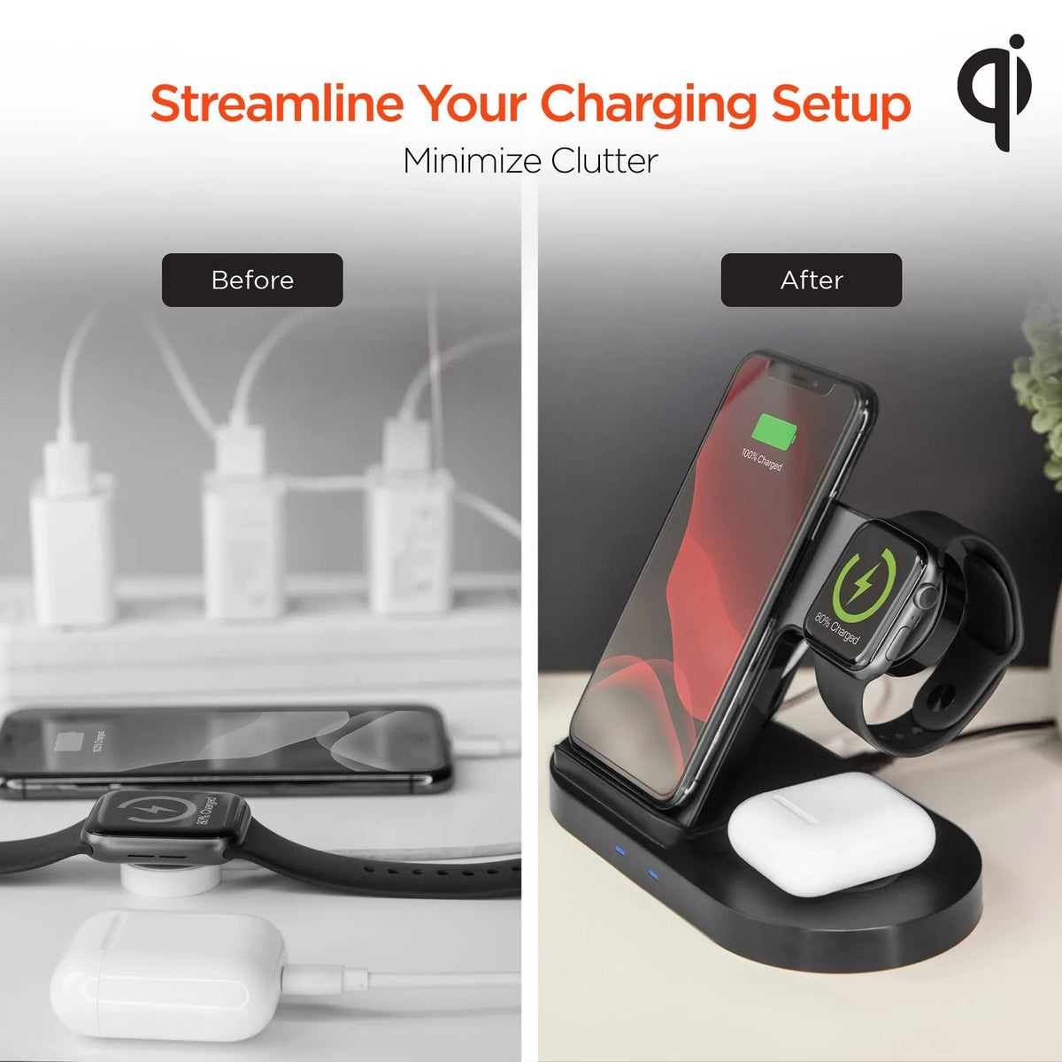 Close-up of the wireless charging dock's Apple Watch charger mount with a watch attached.