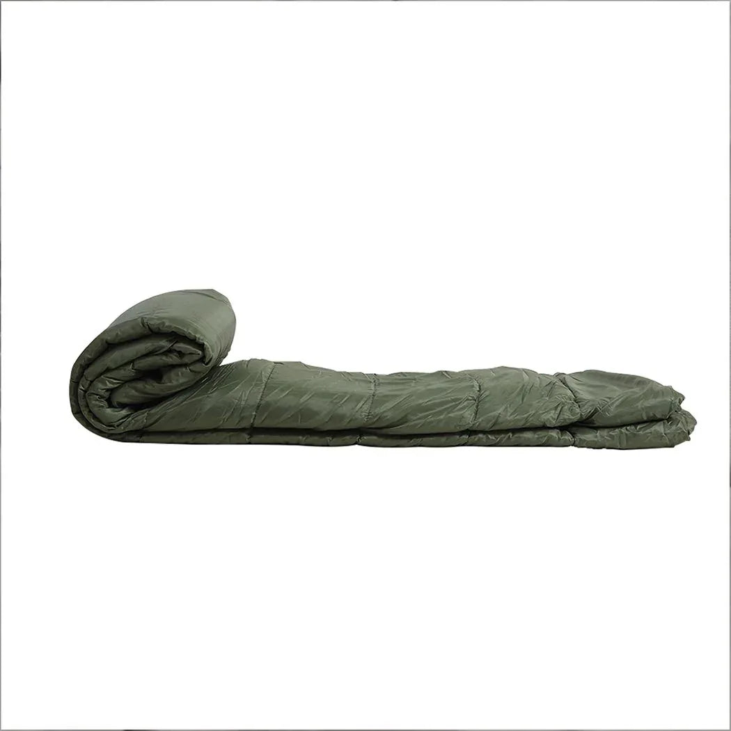 Illustration of temperature rating and size dimensions of the double sleeping bag.
