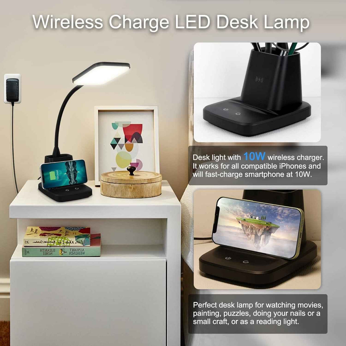 Close-up of the lamp’s touch control panel and pen holder with a smartphone charging wirelessly.
