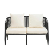 Outdoor seating set in beige with iron frames on a wooden deck showing comfort and traditional style.