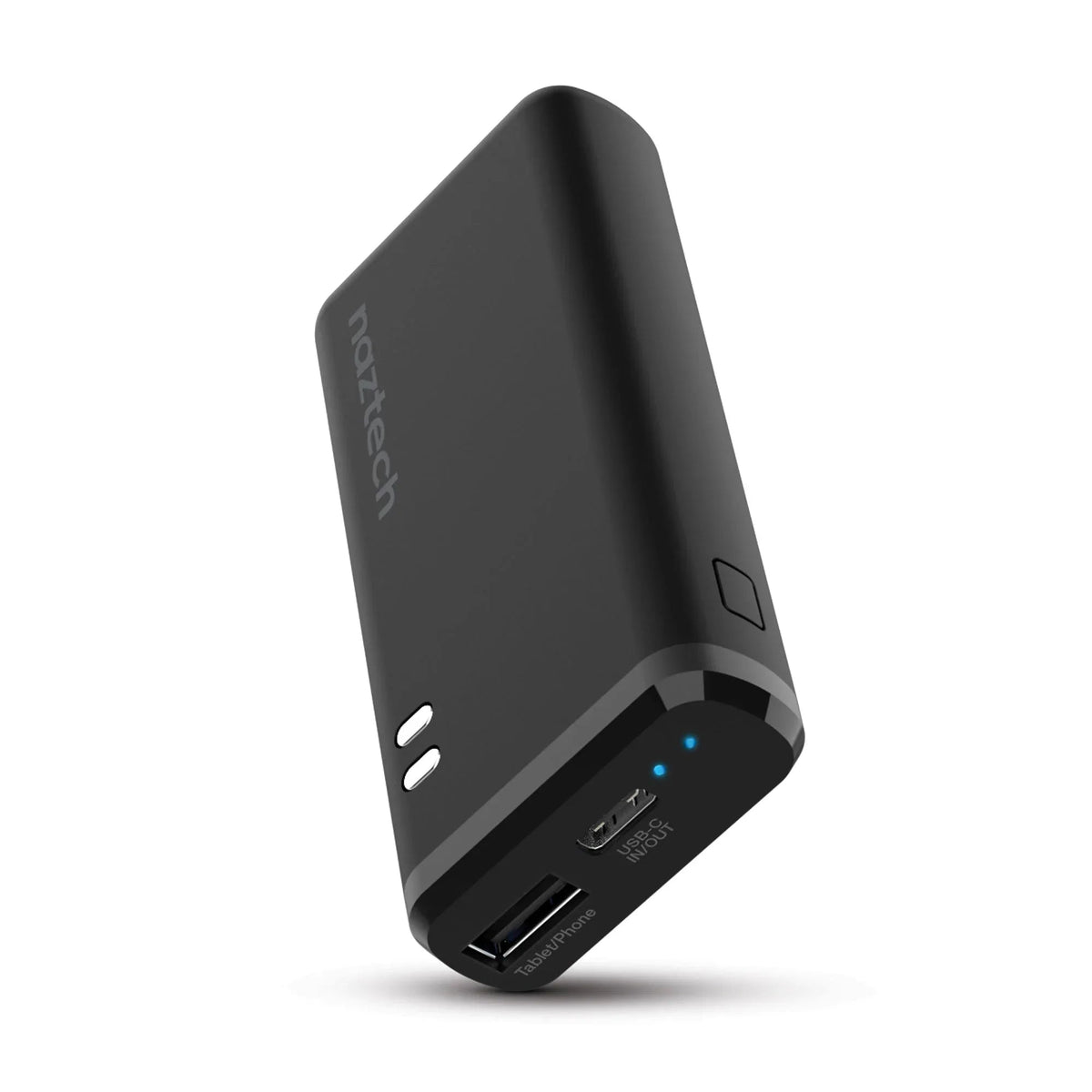 Naztech 4000mAh USB-C and USB power bank charging a smartphone and wireless earbuds