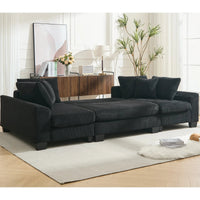 Large black U-shaped corduroy sleeper sofa with square arms and plush seating, shown as a pull-out bed.