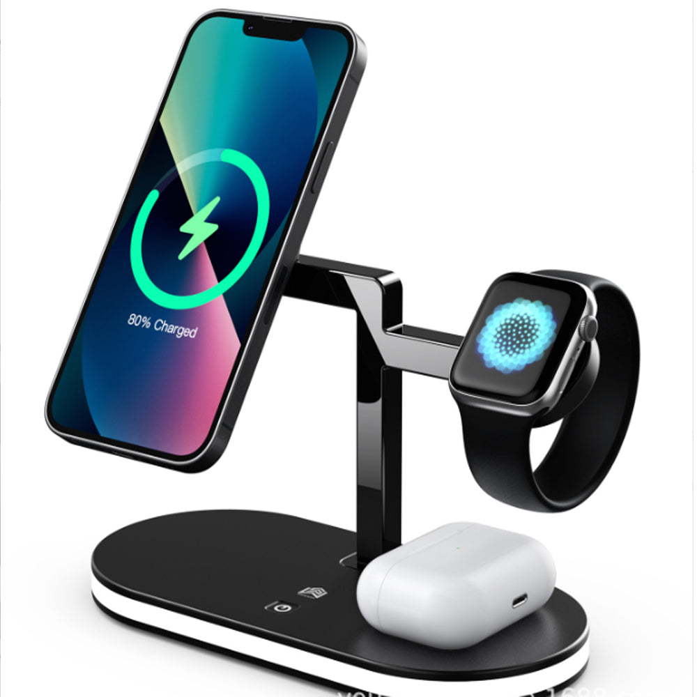 4-in-1 aluminum alloy magnetic wireless charger stand with LED lamp for smartphone, wireless earbuds, and smartwatch