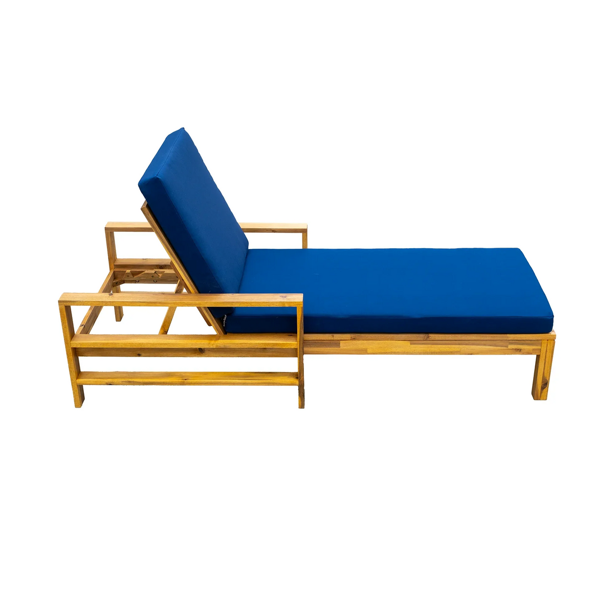 Side view of acacia wood outdoor lounge chair showcasing adjustable backrest and blue cushion.