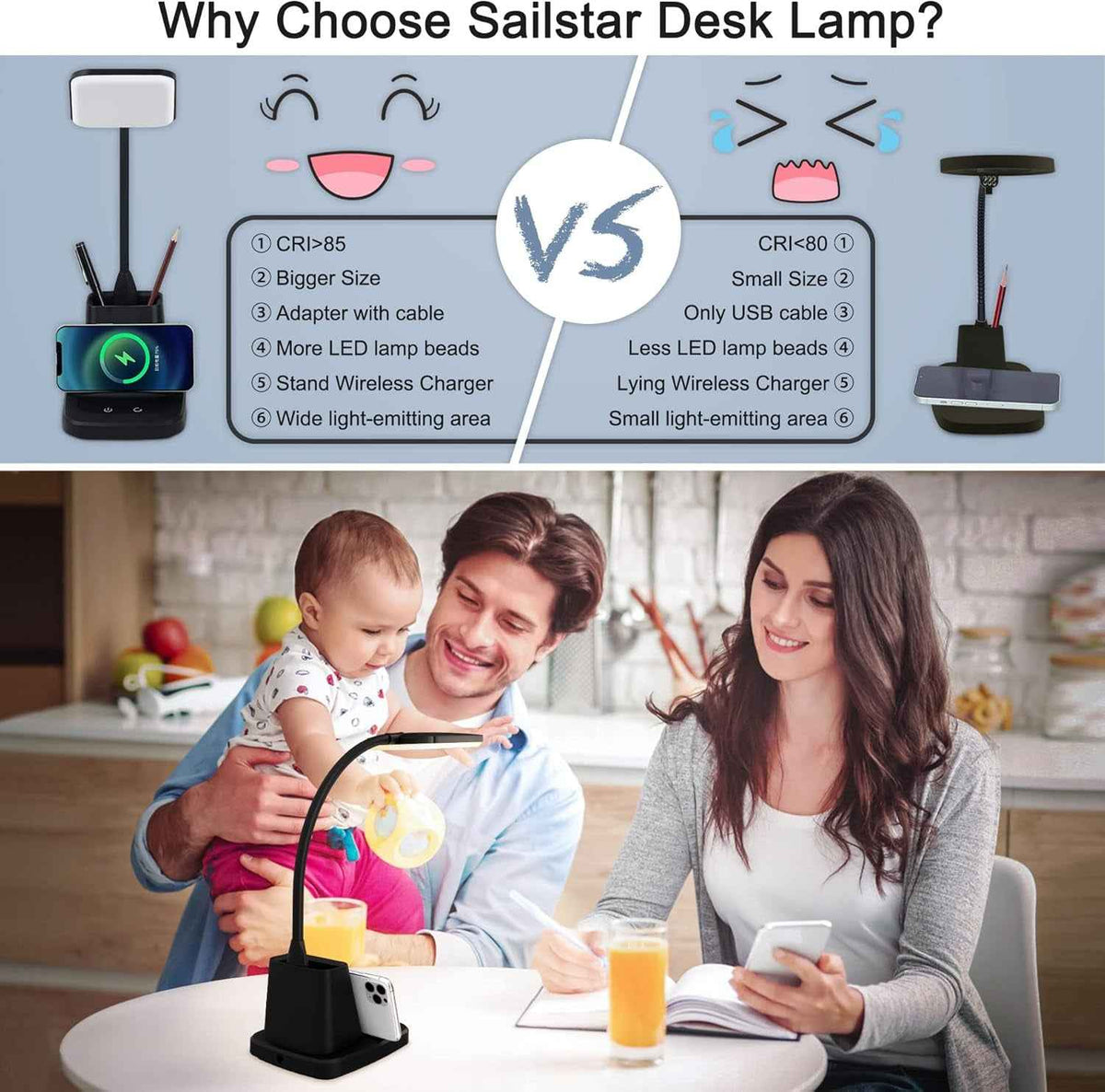 Modern black desk lamp angled over a workspace with books and phone charging.