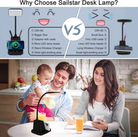 Modern black desk lamp angled over a workspace with books and phone charging.