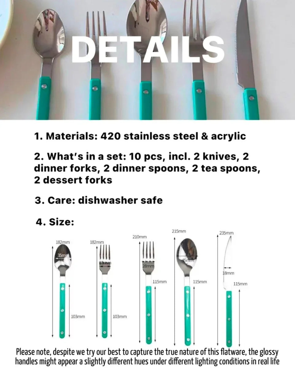 Blue-green French rivet cutlery set organized in rows on a simple gray background.